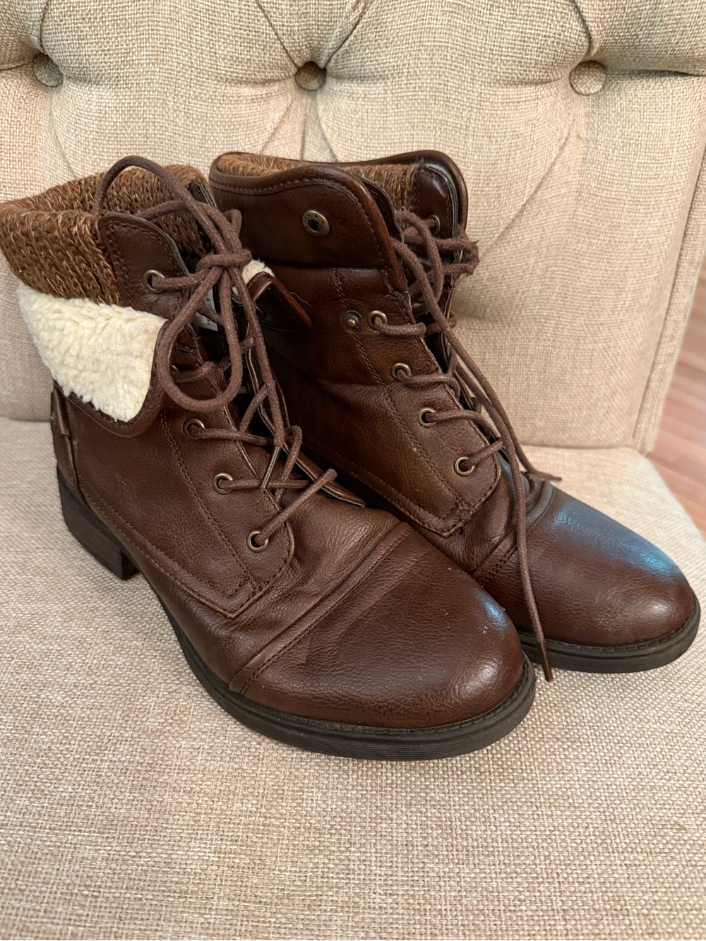 Brown Lace-Up Fold-Over Faux-Shearling Ankle 2 Way Boots